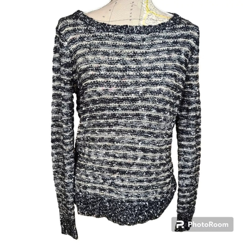 Harley Davidson Size Medium Black Gray Stripe Silver Sequins Scoopneck Sweater